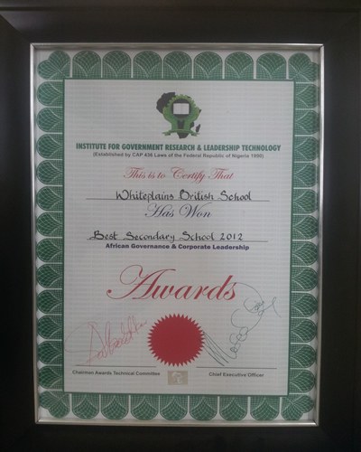 Whiteplains British School 2012 Best Secondary School award certificate