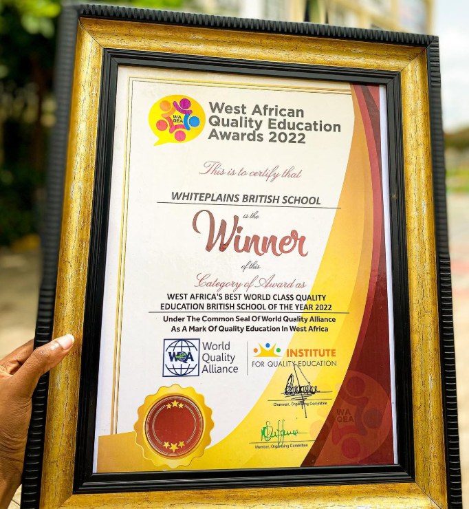 Whiteplains British School West African Quality Education Awards 2022 certificate